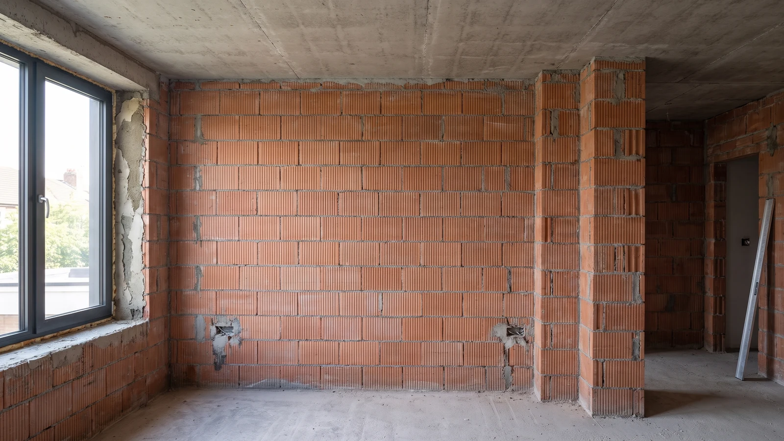 Illustrative view of the same room before plastering, with exposed masonry
